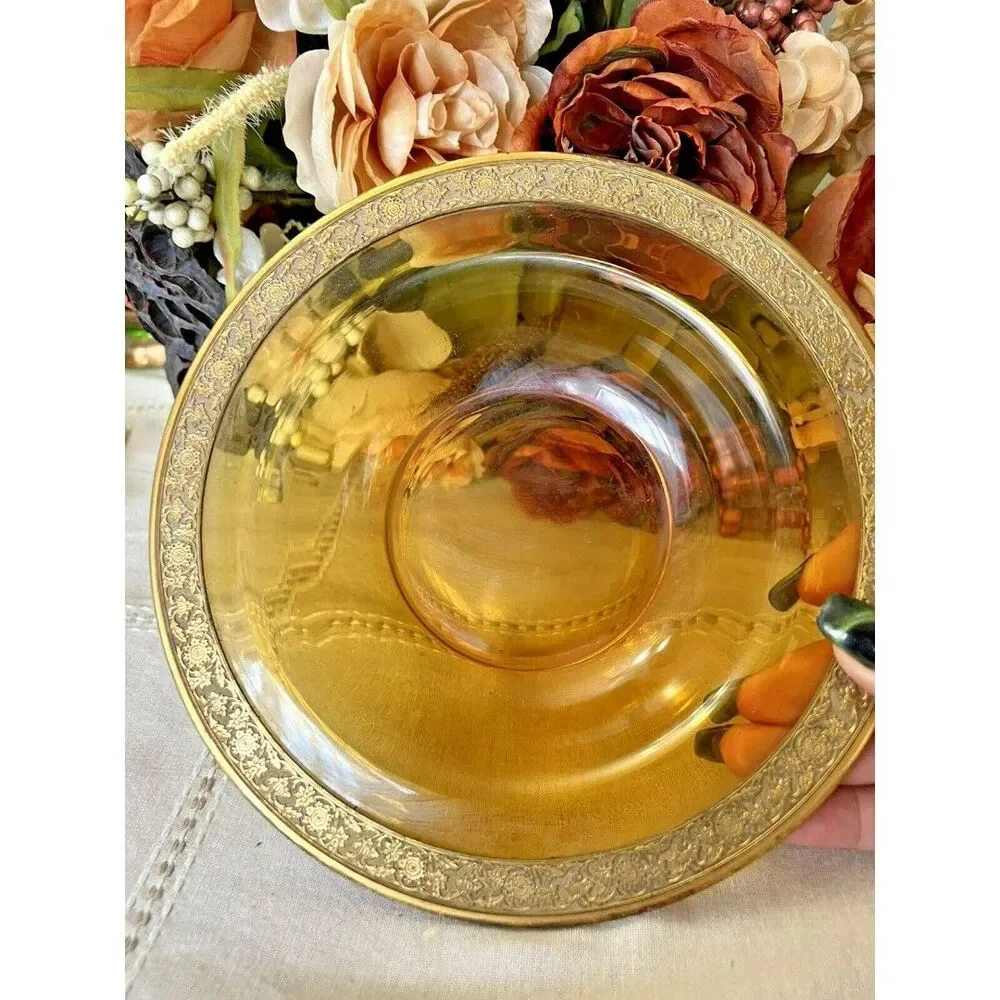 Amber Dish With Metal Etched Rim 8.5 inches vintage